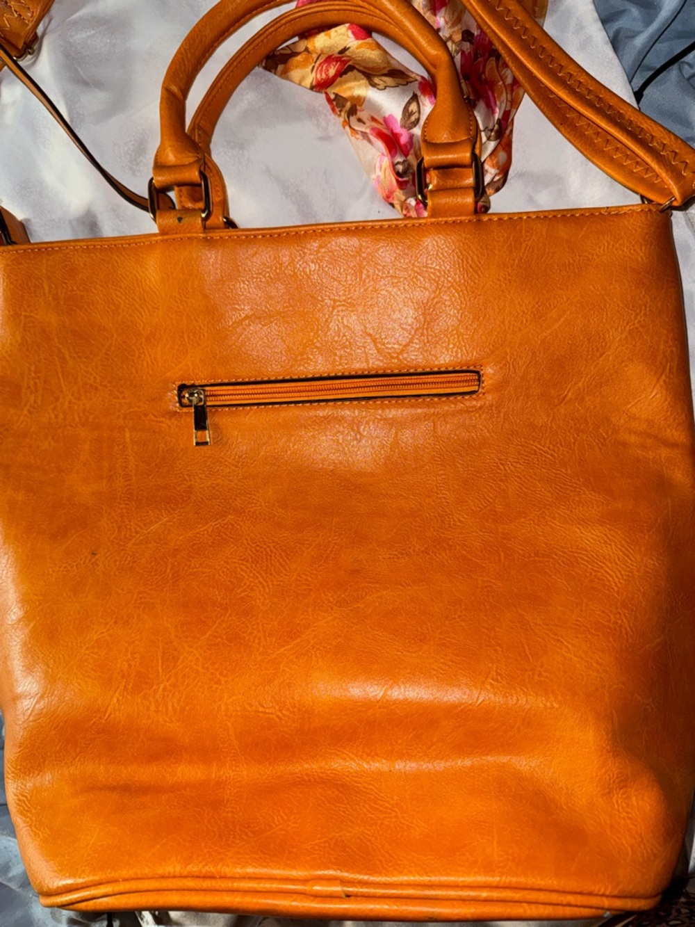 Women's Large Barrel Faux Leather Tote Orange w Floral Scarf Accent Adj Strap - Picture 5 of 6